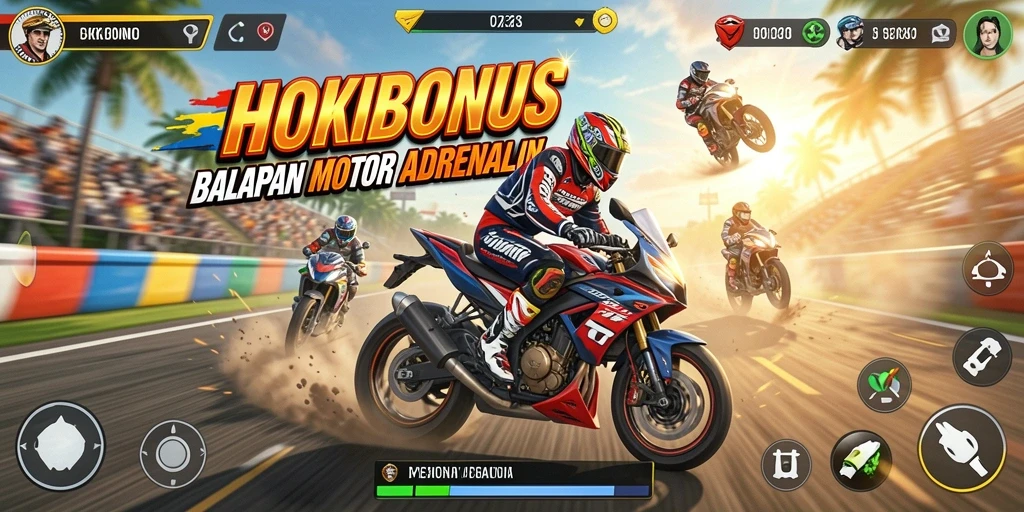 Tangkapan layar HOKIBONUS menampilkan aksi balap motor yang seru.