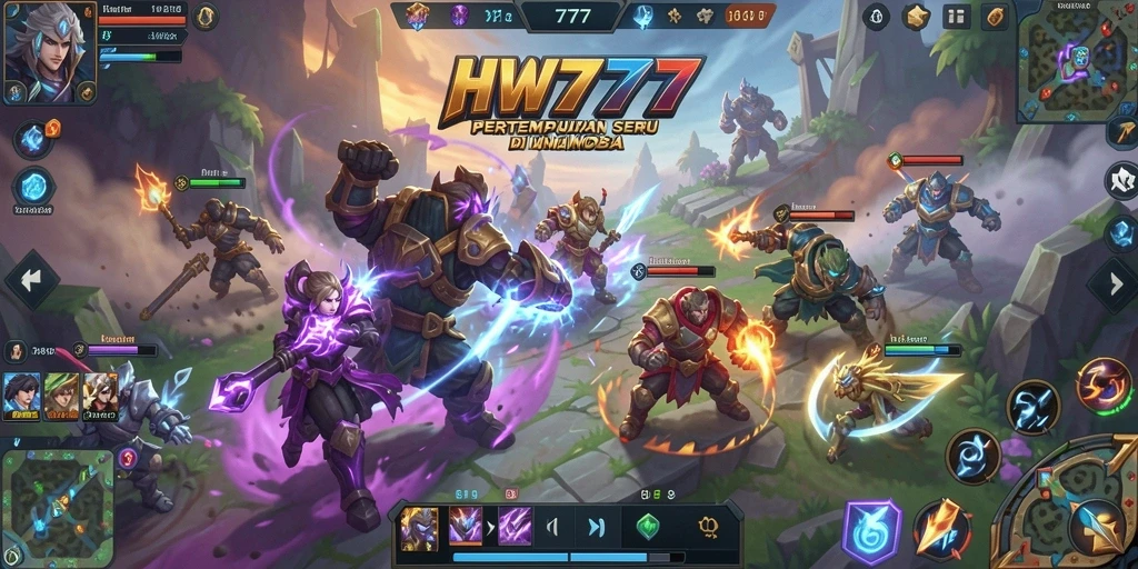Screenshot gameplay HW777 menampilkan aksi seru dalam pertempuran MOBA.