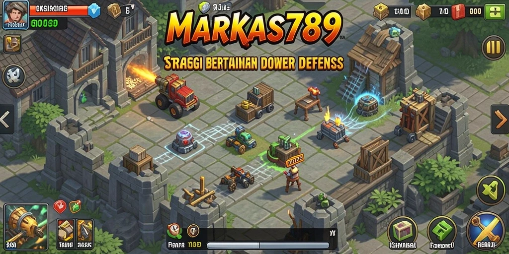 Screenshot gameplay menunjukkan strategi berperang dalam Tower Defense.