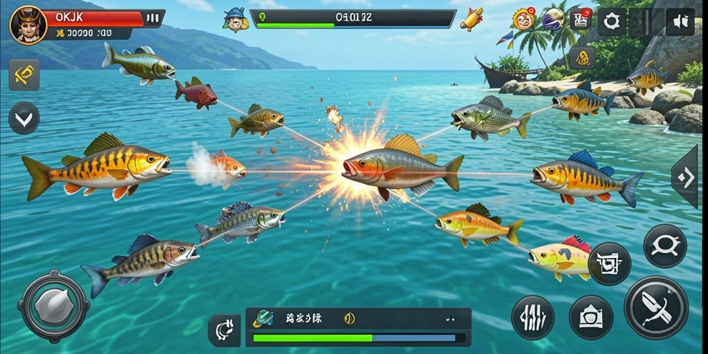 Tangkapan layar gameplay OKJK menampilkan aksi seru menembak ikan.