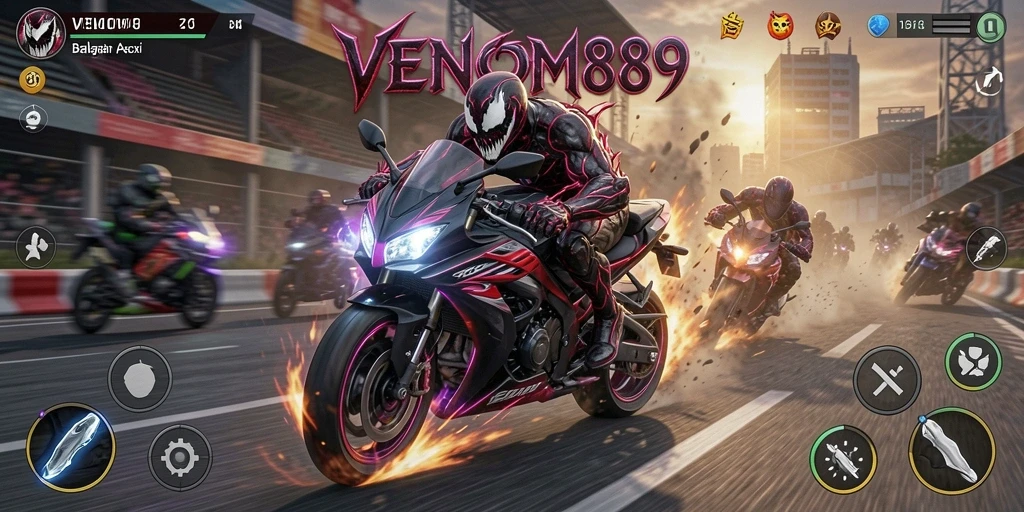 Screenshot gameplay VENOM889 menampilkan aksi balapan yang seru.